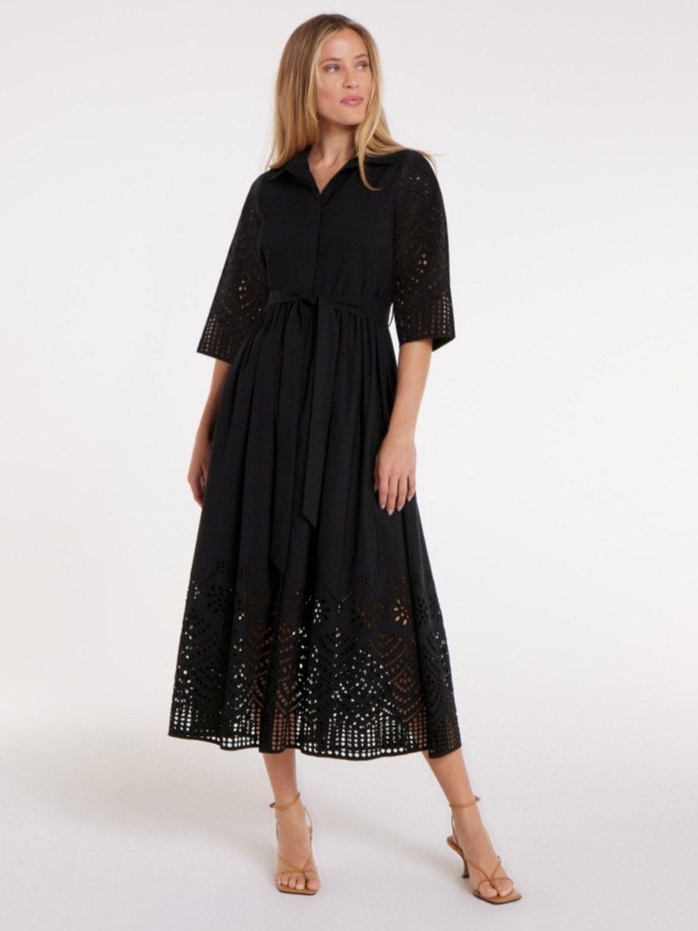 NWT Hermoza Francesca Black Eyelet Midi Shirt Dress with Waist Tie